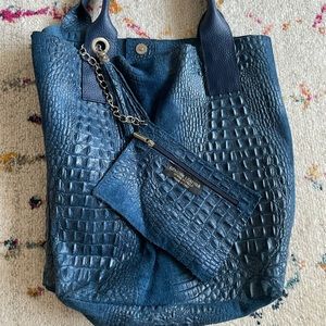 Blue Leather Tote Bag
